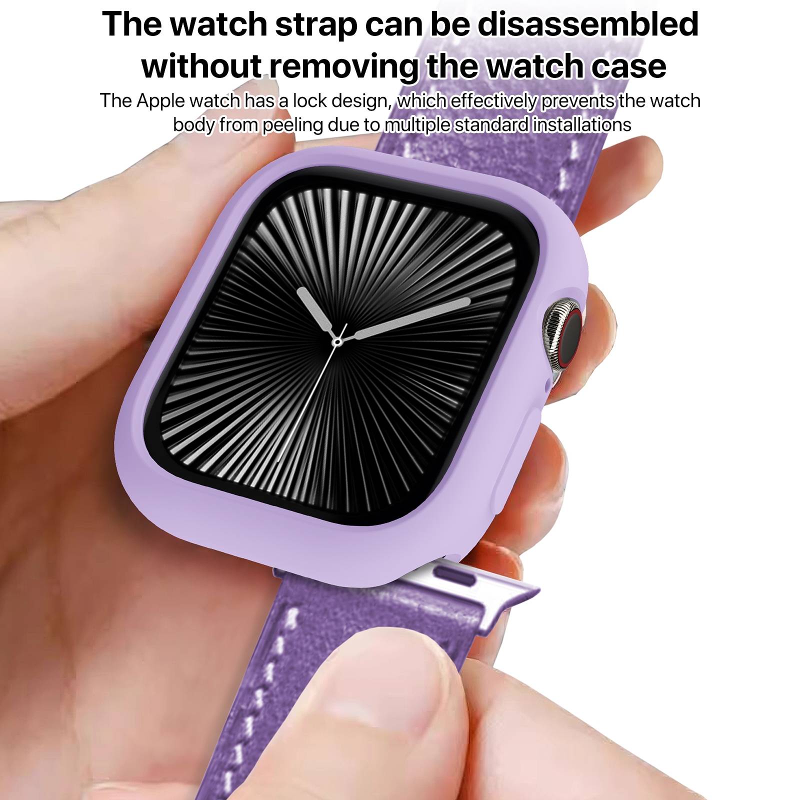 Hand hält eine lila Apple Watch; das Armband wird vom Gehäuse der Uhr zerlegt. Der Text besagt, dass das Uhrenarmband entfernt werden kann, ohne das Gehäuse abzunehmen.