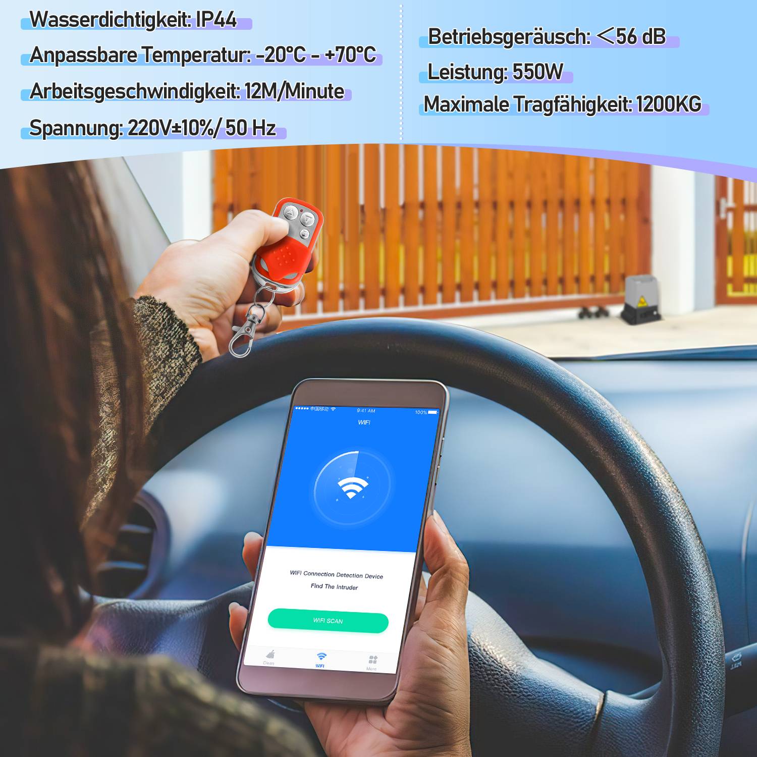 Schiebetorantrieb Set - 550W Motor, bis 1200 kg, mit 2 Schlüssel und Fernbedienung, Hoftorantrieb, Torantrieb, Schiebetor, Toröffner (mit Bluetooth