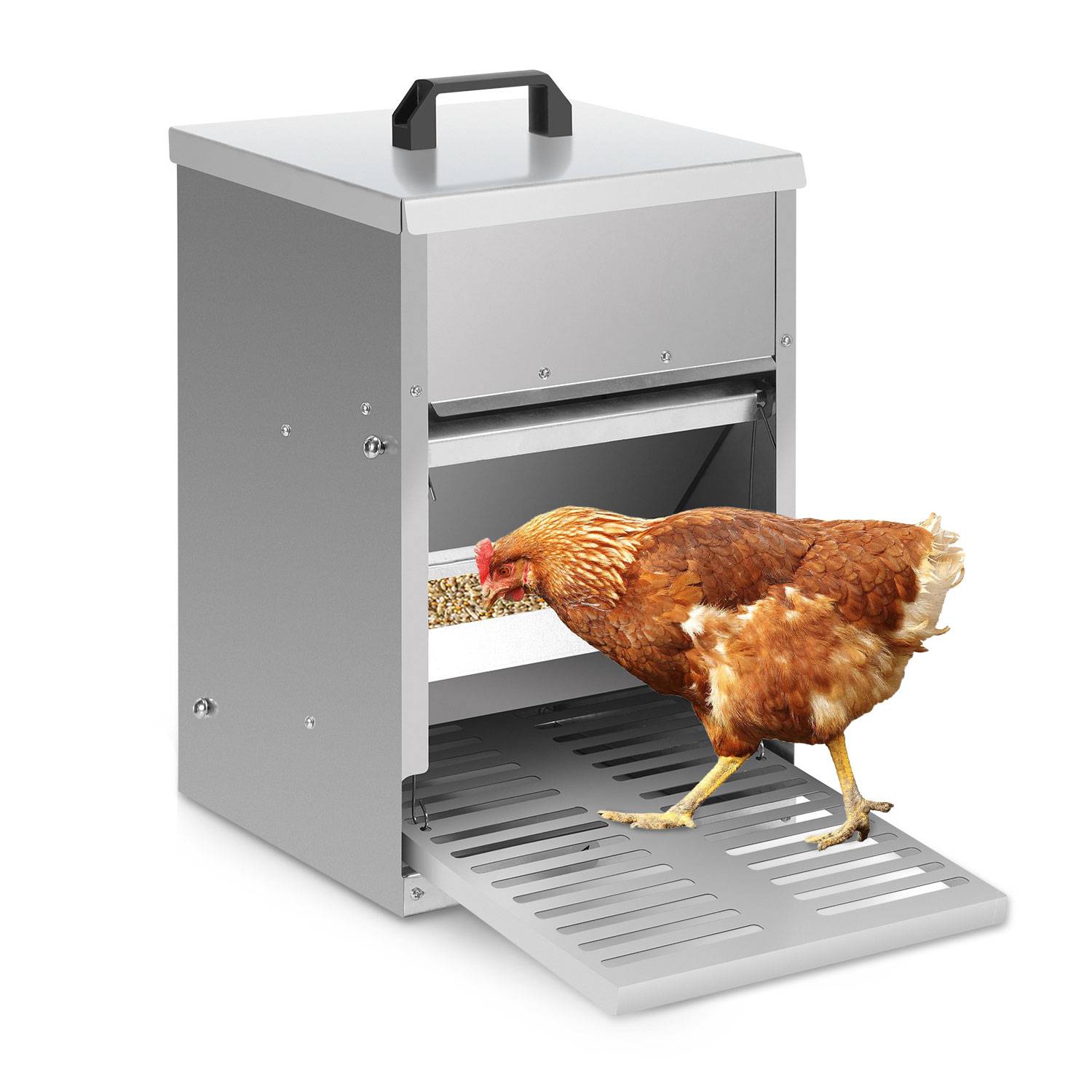 Futterautomat Hühner mit Trittplatte, Deckel, 5kg verzinkt Futterautomat für Hühner, Wasserdicht rattensicher Futtertrog, Futterspender Hühner, id
