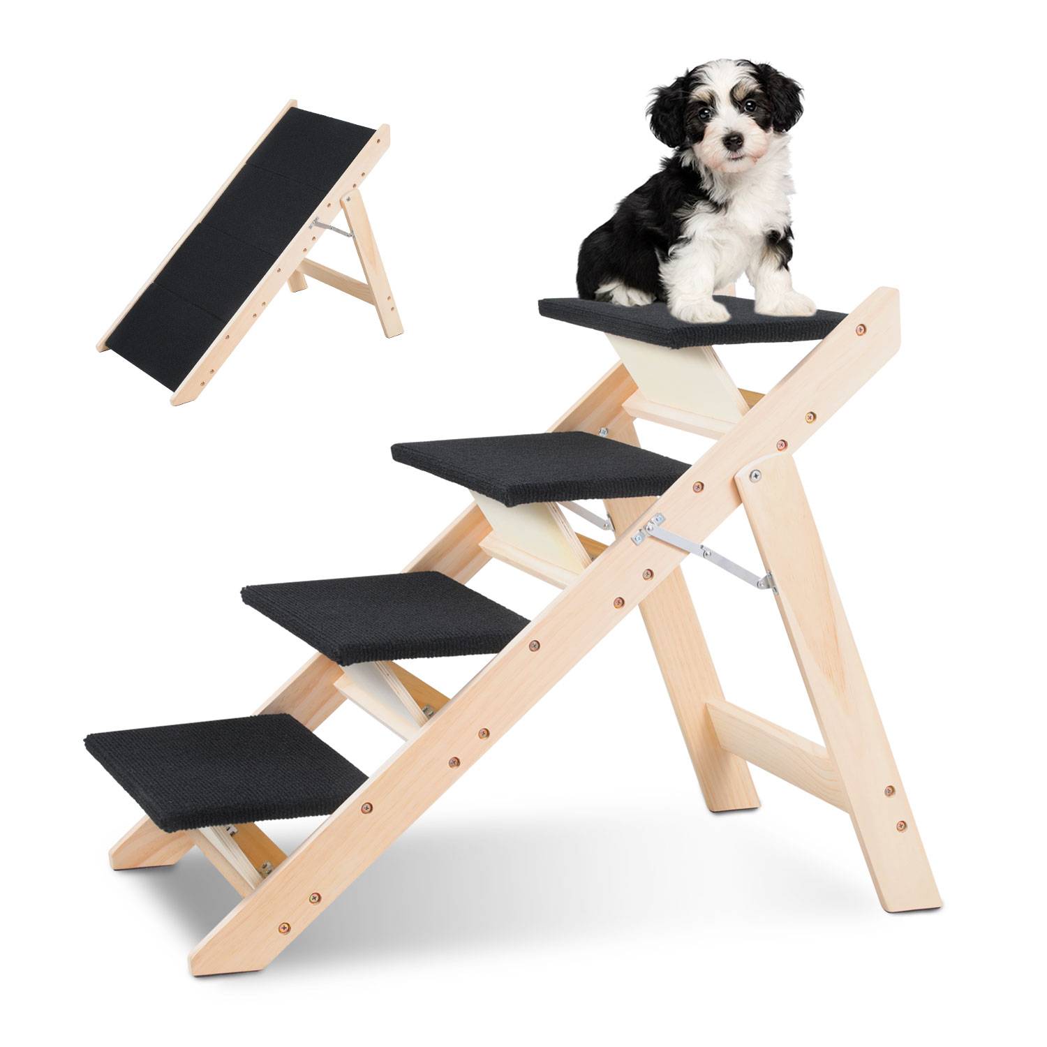 Hundetreppe 2 in 1 Hunderampe Faltbar aus Holz Einstiegshilfe fürs Bett Sofa Auto Haustiertreppe Rutschfest Bis 80kg