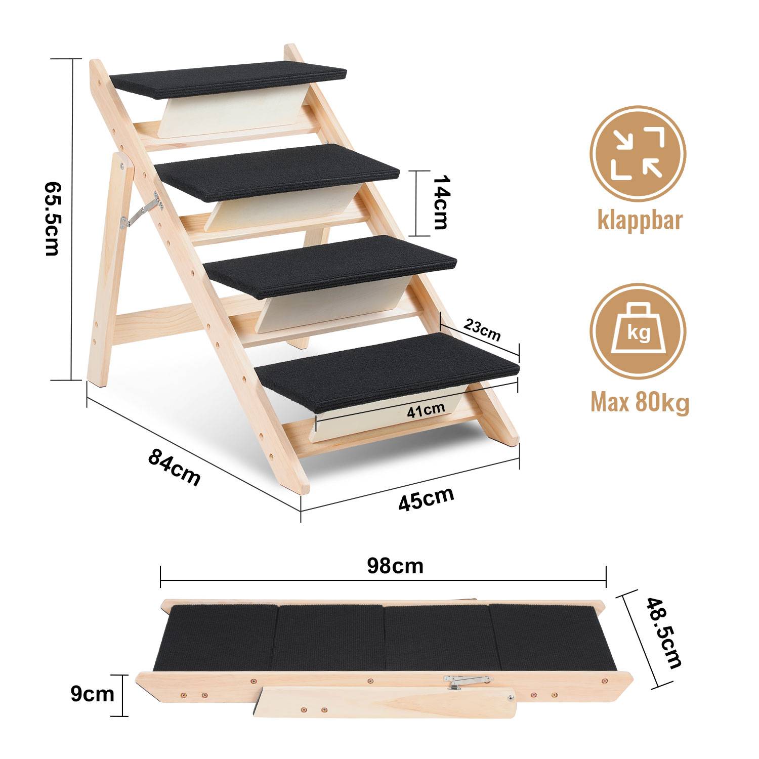 2 in 1 Hundetreppe 4-Stufen Hunderampe Haustiertreppe Kiefernholz Rutschfest Tiertreppe Einstiegshilfe Klappbar