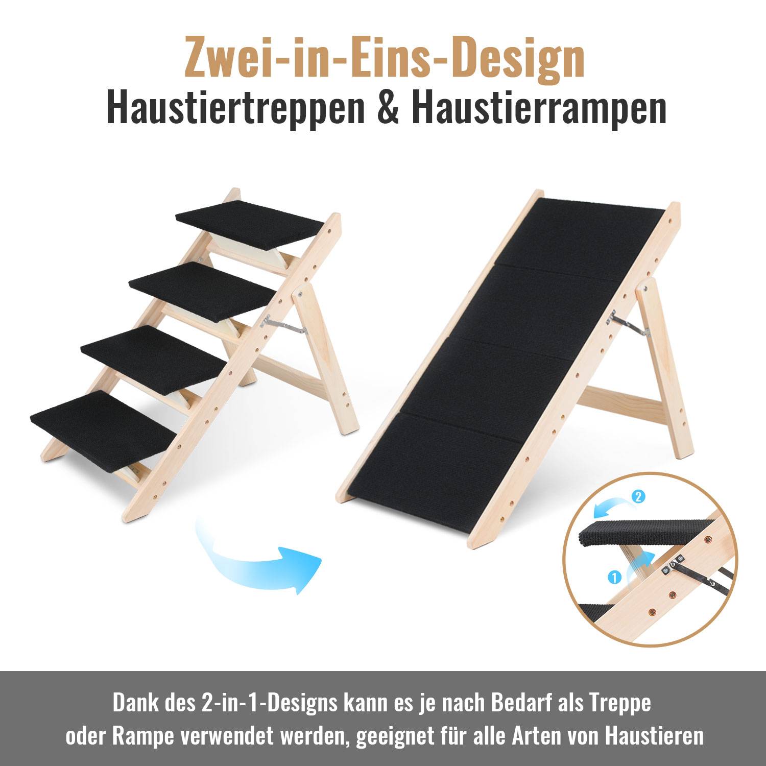 2 in 1 Hundetreppe 4-Stufen Hunderampe Haustiertreppe Kiefernholz Rutschfest Tiertreppe Einstiegshilfe Klappbar