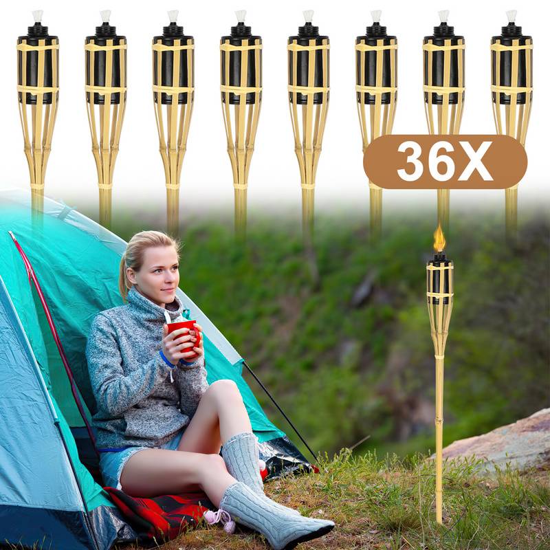 36x Gartenfackeln Set Lampen Fackeloel Docht 90cm Bambus Ölfackeln für draußen Lampenöl für fackeln Flammen Feuer Party Deko