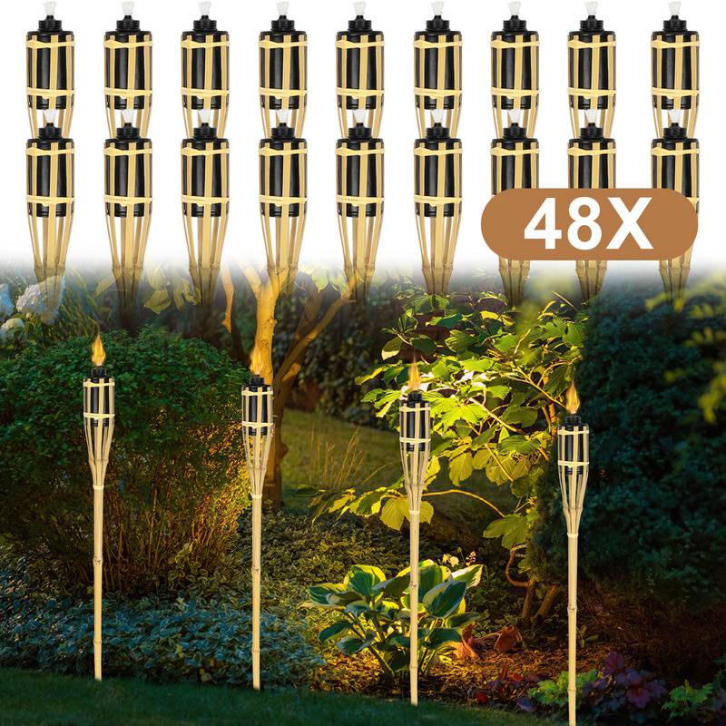 48x Gartenfackeln Set Lampen Fackeloel Docht 90cm Bambus Ölfackeln für draußen Lampenöl für fackeln Flammen Feuer Party Deko