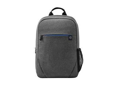Ein schlanker grauer Rucksack mit einer blauen Reißverschlusstasche vorne und einer Netzseiten-Tasche. Ideal zum bequemen und stilsicheren Tragen von Alltagsutensilien.