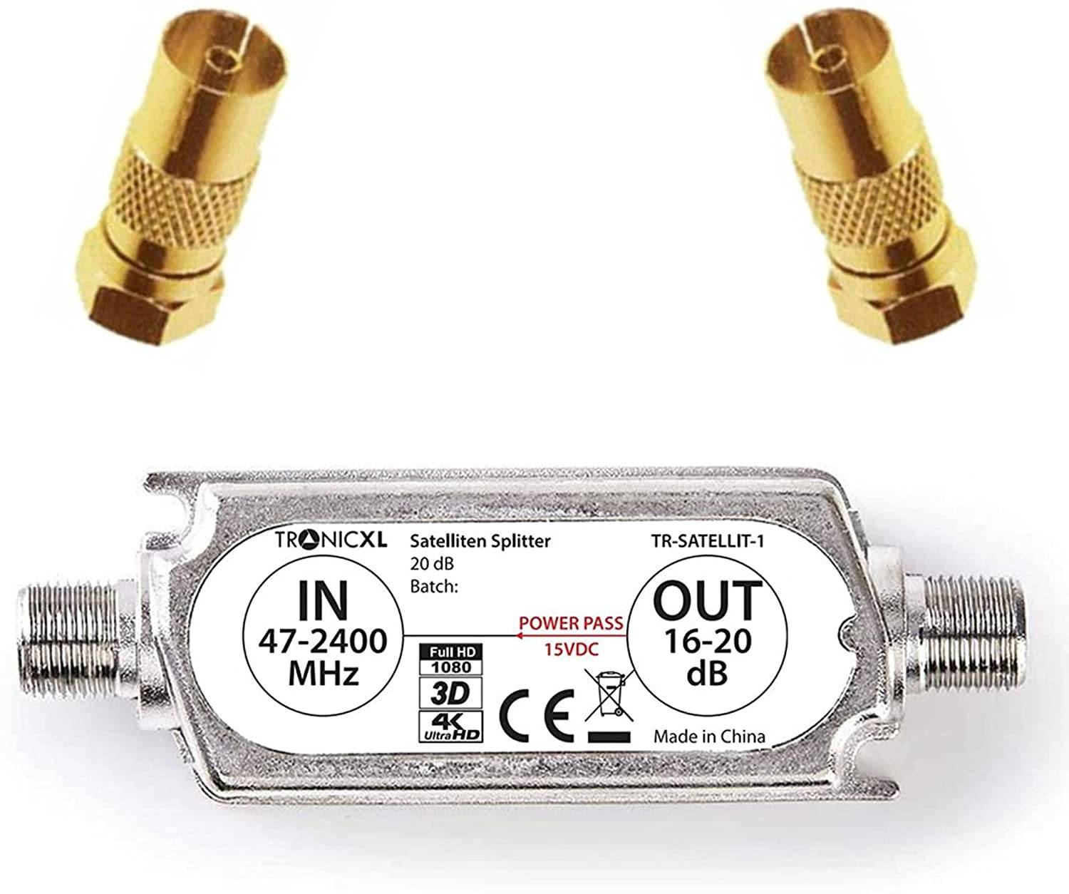 Sat Verstärker F-Stecker + Koax Adapter vergoldet Signalverteiler Verstärker Kabelfernsehen Satelliten DVB-S2 HD 4K