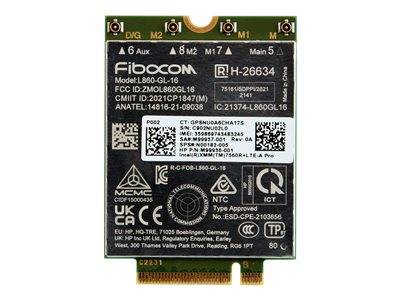 Ein rechteckiges Fibocom L860-GL-16 Modul mit verschiedenen Zertifizierungslogos und Modellinformationen, die auf der Vorderseite gedruckt sind.