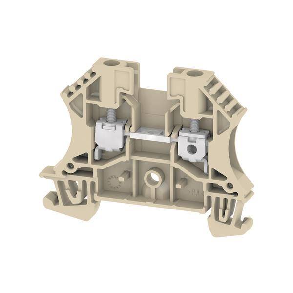 Ein beiges Klemmleistenblöck mit zwei Schraubklemmen zum Verbinden von elektrischen Drähten, mit Befestigungspunkten für sichere Installation.