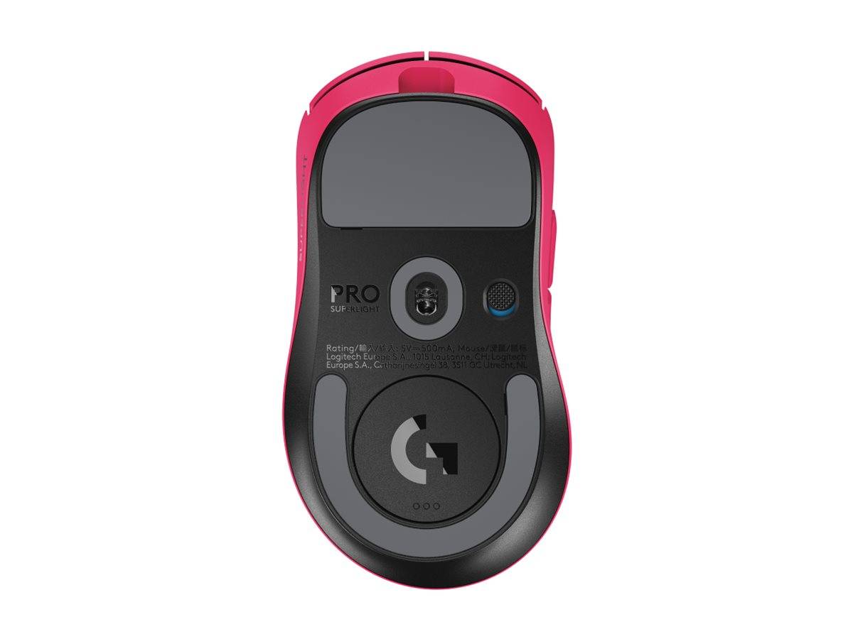 Unteransicht einer rosa und schwarzen kabellosen Computermaus mit Sichtbarkeit des Sensors, des Netzschalters und des Batteriefachs.