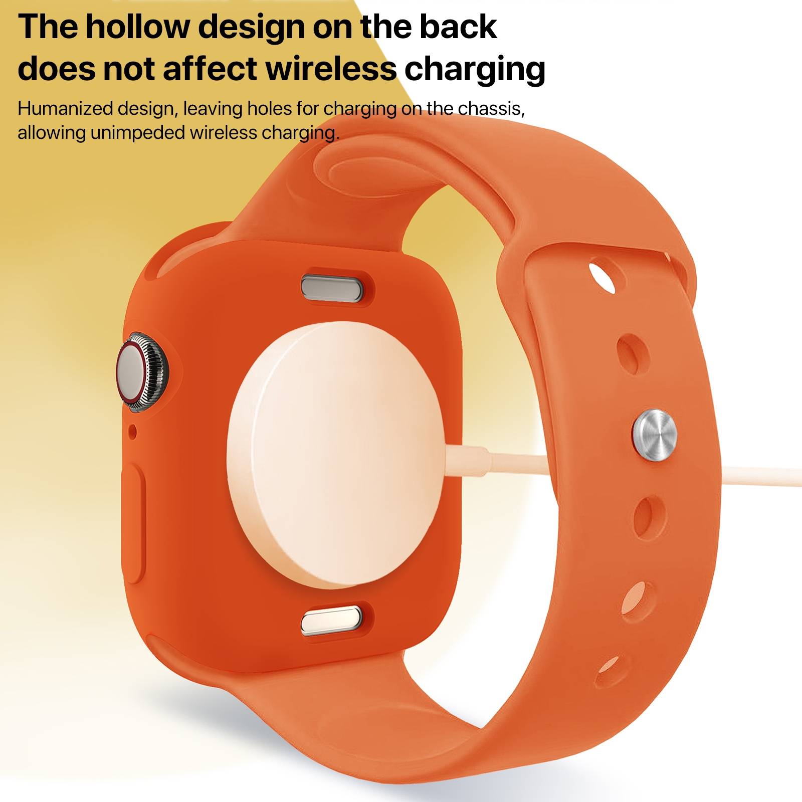 Orangefarbene Smartwatch mit hohlem Rückendesign, wird auf einem weißen Puck geladen; der Text besagt, dass die Löcher das kabellose Laden nicht beeinträchtigen.