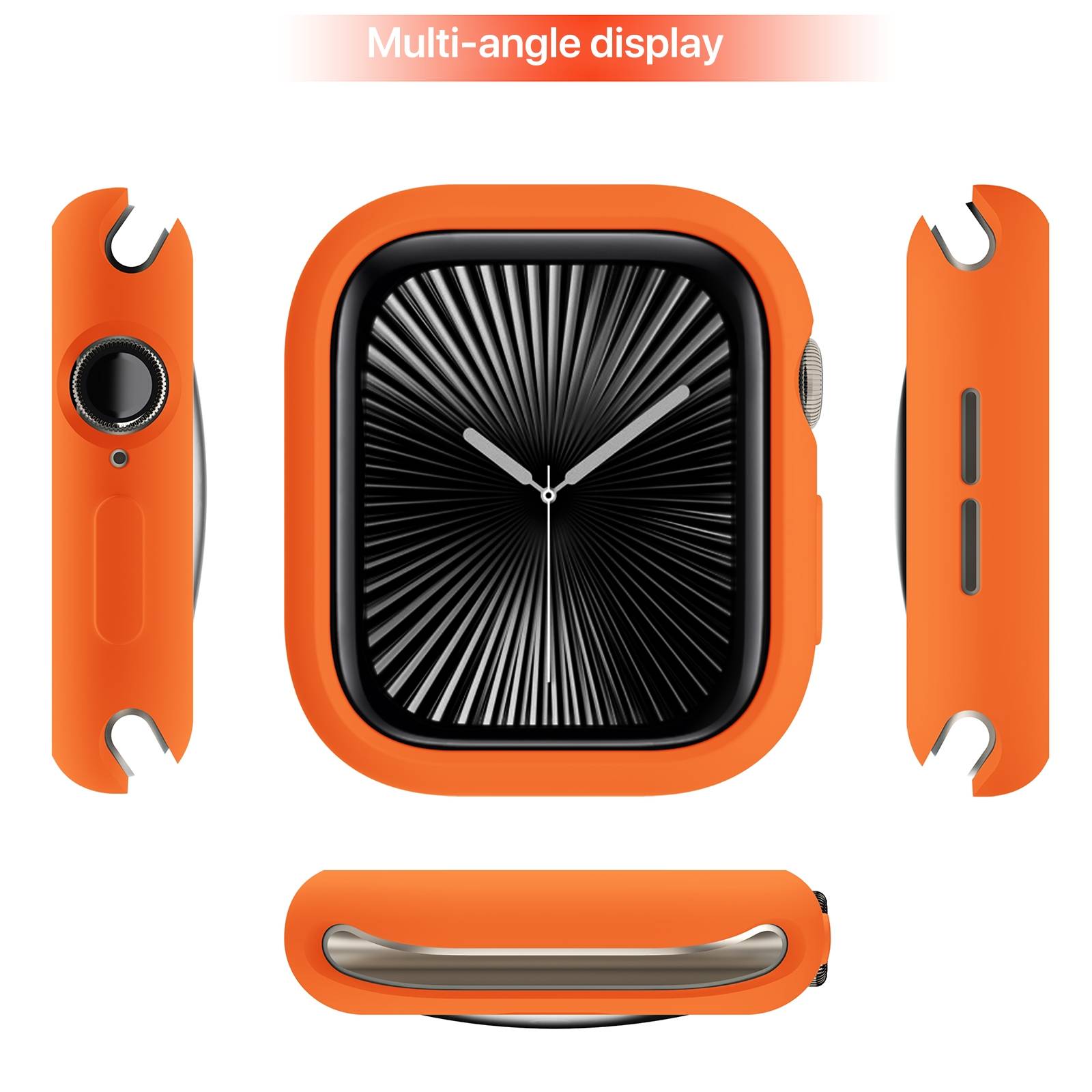 Orange-Smartwatch aus verschiedenen Winkeln gezeigt, Vorderanzeige und Seitensteuerungen hervorgehoben mit dem Text „Multi-Winkel-Anzeige