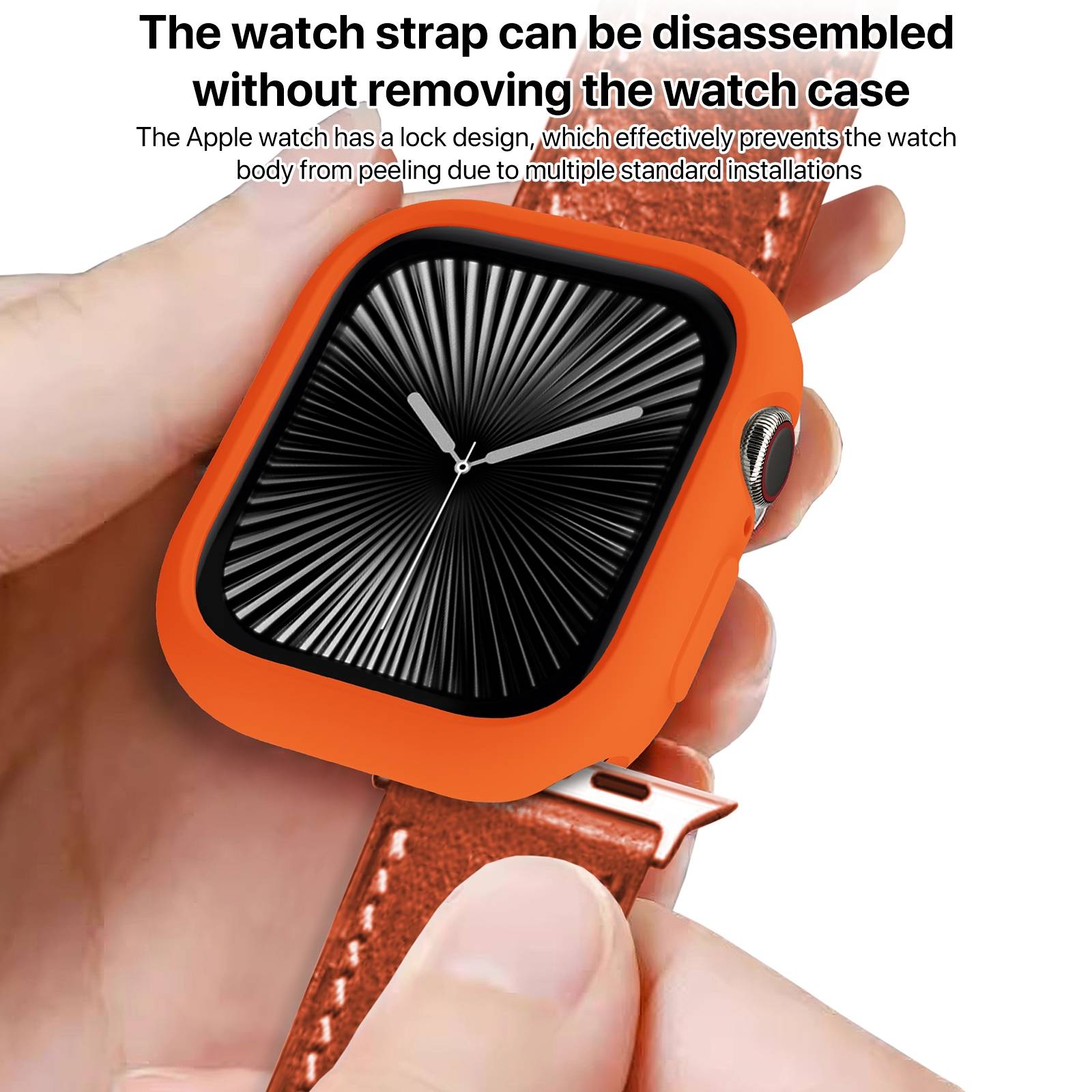 Hand hält eine Apple Watch in einem orangefarbenen Schutzgehäuse, während das braune Lederband abgelöst wird; der Text besagt, dass das Uhrenarmband ohne Entfernung des Gehäuses zerlegt werden kann.