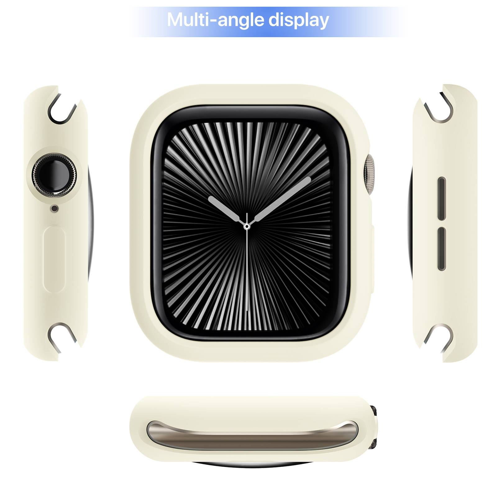 Mehransicht eines quadratischen Smartwatches mit cremefarbenem Armband und schwarzem Zifferblatt, gezeigt von vorne, von der Seite und von unten.
