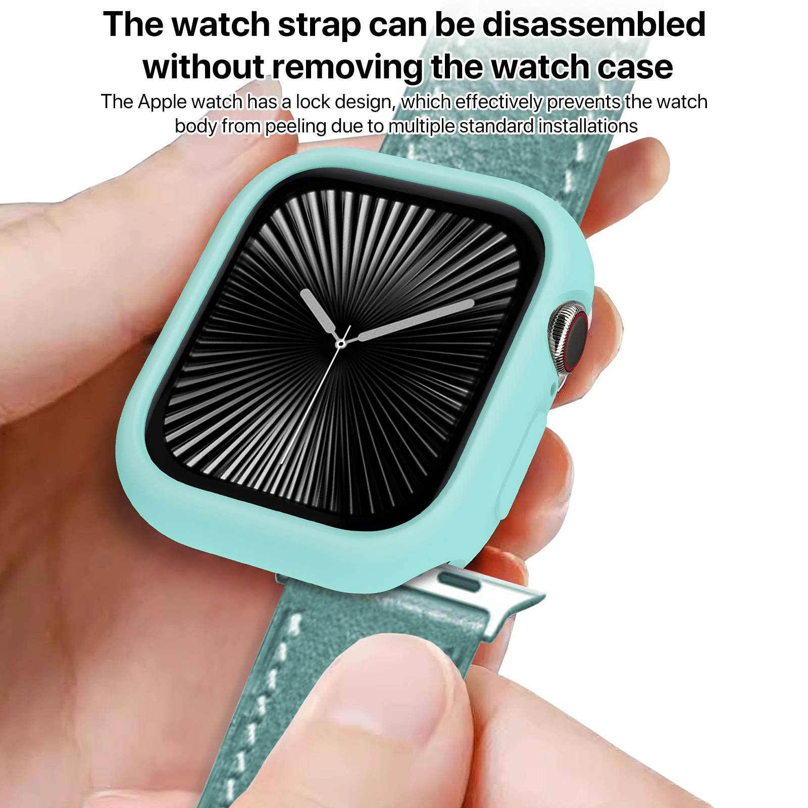 Nahaufnahme einer Hand, die ein türkisfarbenes Apple-Watch-ähnliches Gehäuse und Armband hält, mit Text, der besagt, dass das Armband ohne Entfernung des Uhrengehäuses zerlegt werden kann.