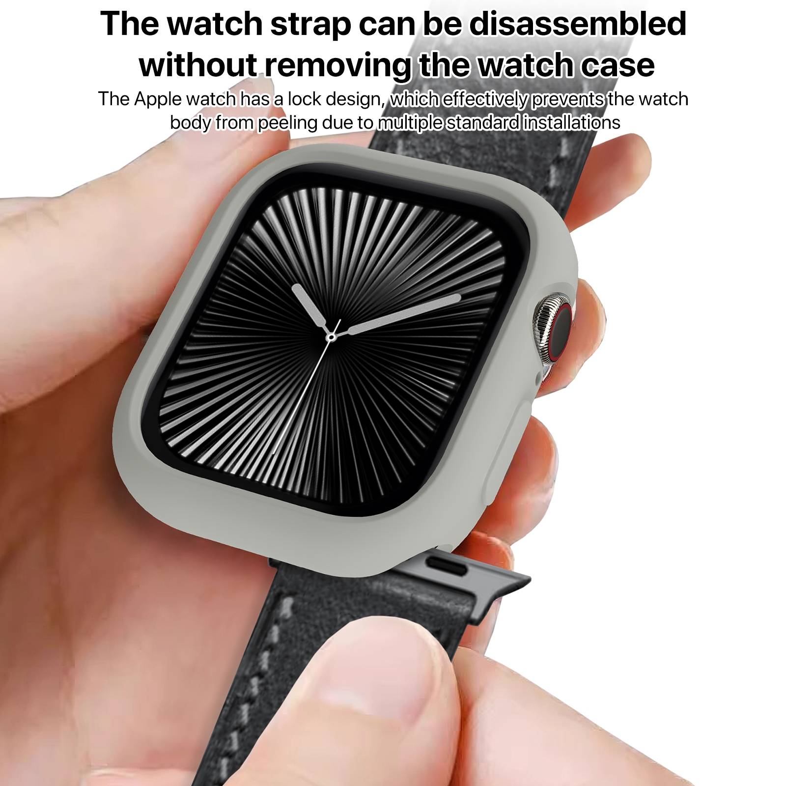 Hand hält ein Apple Watch-ähnliches Gehäuse, während das Armband abgelöst ist, was veranschaulicht, dass das Uhrenarmband zerlegt werden kann, ohne das Gehäuse zu entfernen.