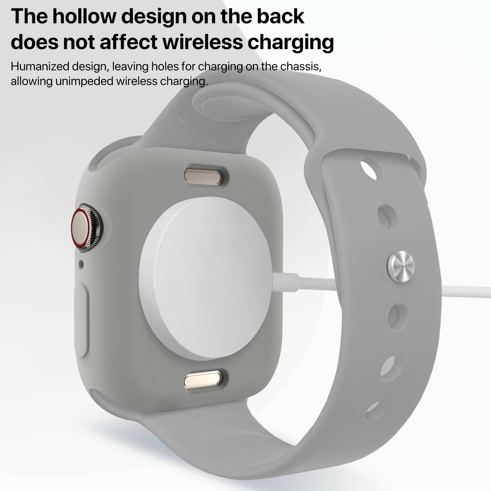 Graue Smartwatch mit hohler Rückseite, die beim Aufladen auf einem Kabel gezeigt wird und veranschaulicht, dass das offene Design das kabellose Laden nicht blockiert.