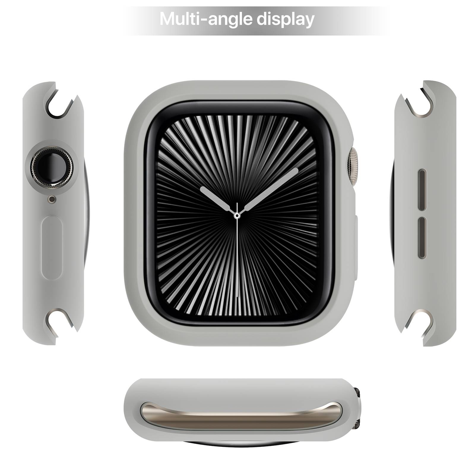 Multi-Winkel-Darstellung einer quadratischen Smartwatch in Grau, gezeigt von vorne, von der Seite und von unten mit einem schwarzen Zifferblatt im Analogstil.
