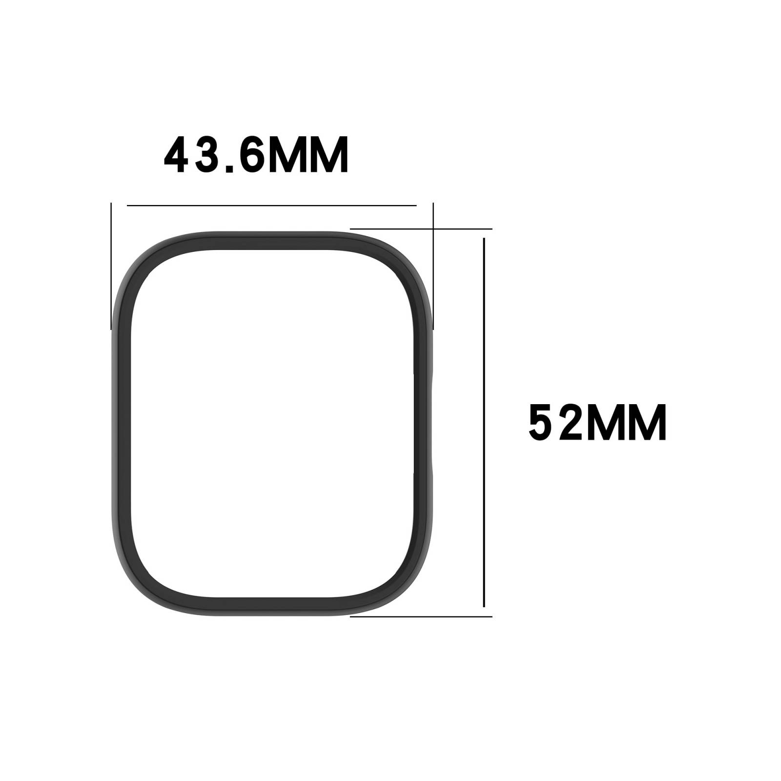 Rechteckiger Ring oder Rahmen mit gerundeten Ecken, beschriftet mit 43,6 mm breit und 52 mm hoch auf weißem Hintergrund.
