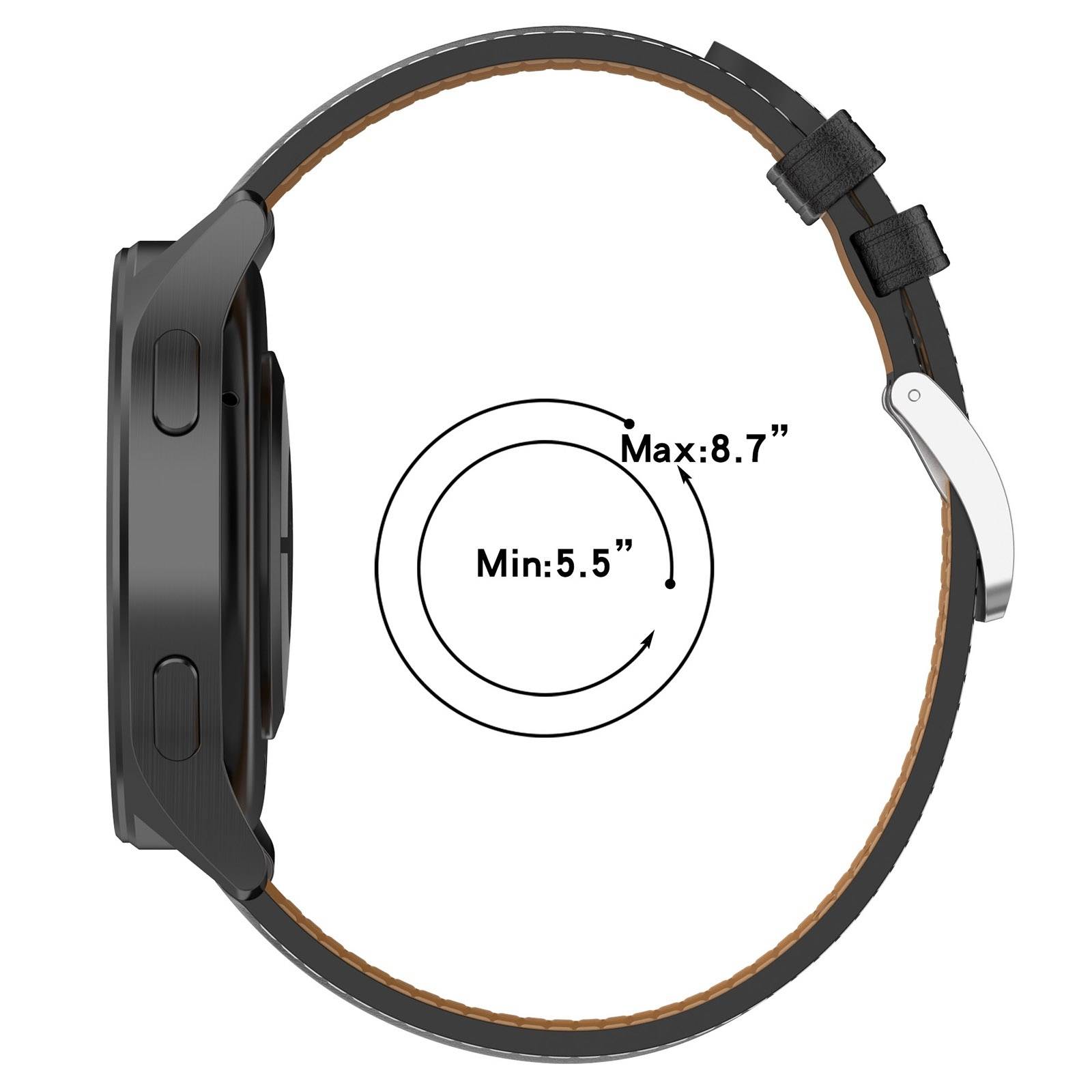 Seitenansicht einer Smartwatch mit verstellbarem Armband, das einen Handgelenkgrößenbereich von Min: 5,5