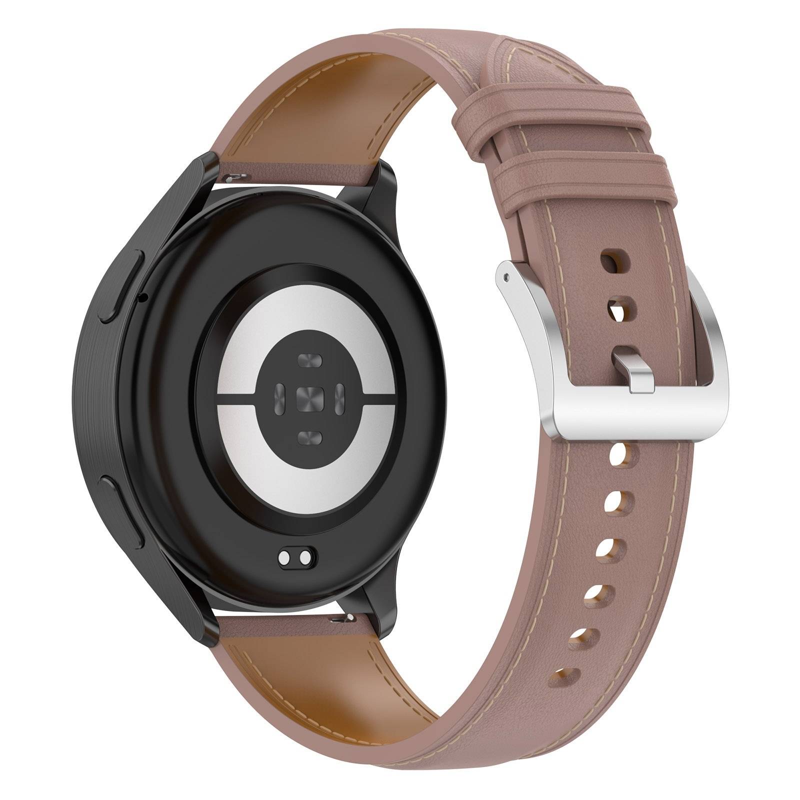 Rückansicht einer schwarzen runden Smartwatch mit einem mauvefarbenem Lederarmband und silbernem Verschluss, die den Sensorbereich auf weißem Hintergrund zeigt.