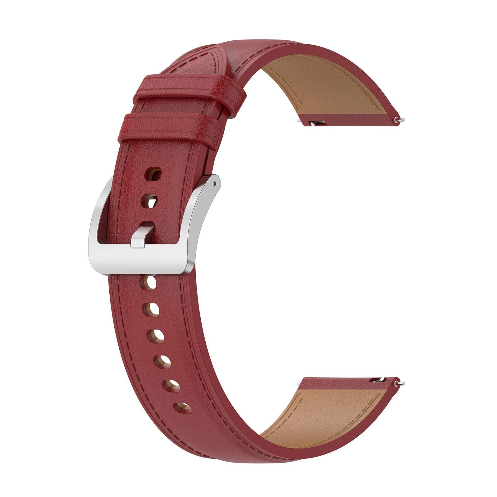 Rotes Lederarmband mit silberner Schnalle, isoliert auf weißem Hintergrund dargestellt.