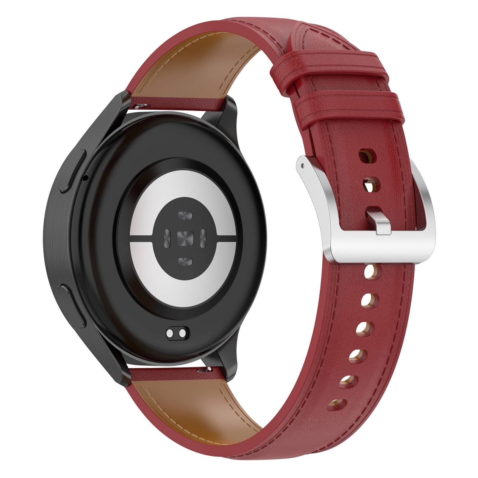 Schwarze runde Smartwatch mit rotem Lederarmband, von hinten auf weißem Hintergrund gezeigt.