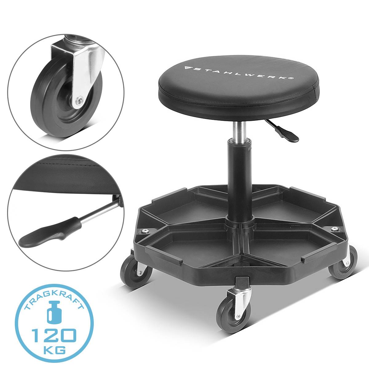 STAHLWERK Werkstatthocker WRH-57 ST Schwarz mit 120 kg Tragkraft Werkstattsitz