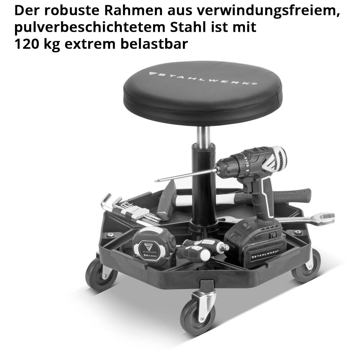 STAHLWERK Werkstatthocker WRH-57 ST Schwarz mit 120 kg Tragkraft Werkstattsitz