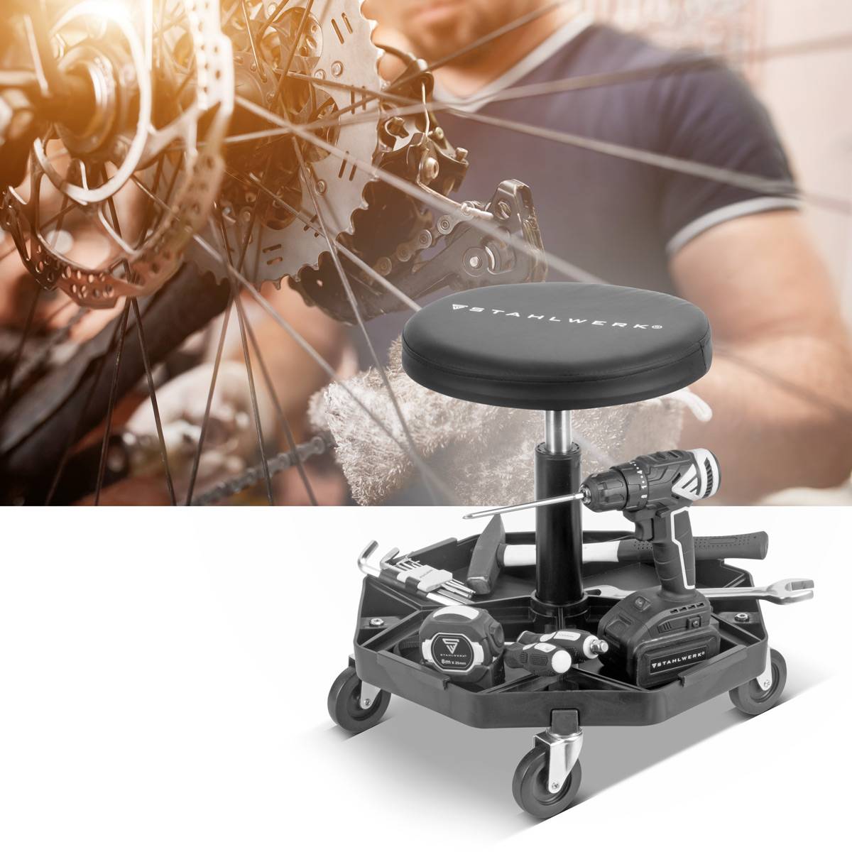 STAHLWERK Werkstatthocker WRH-57 ST Schwarz mit 120 kg Tragkraft Werkstattsitz