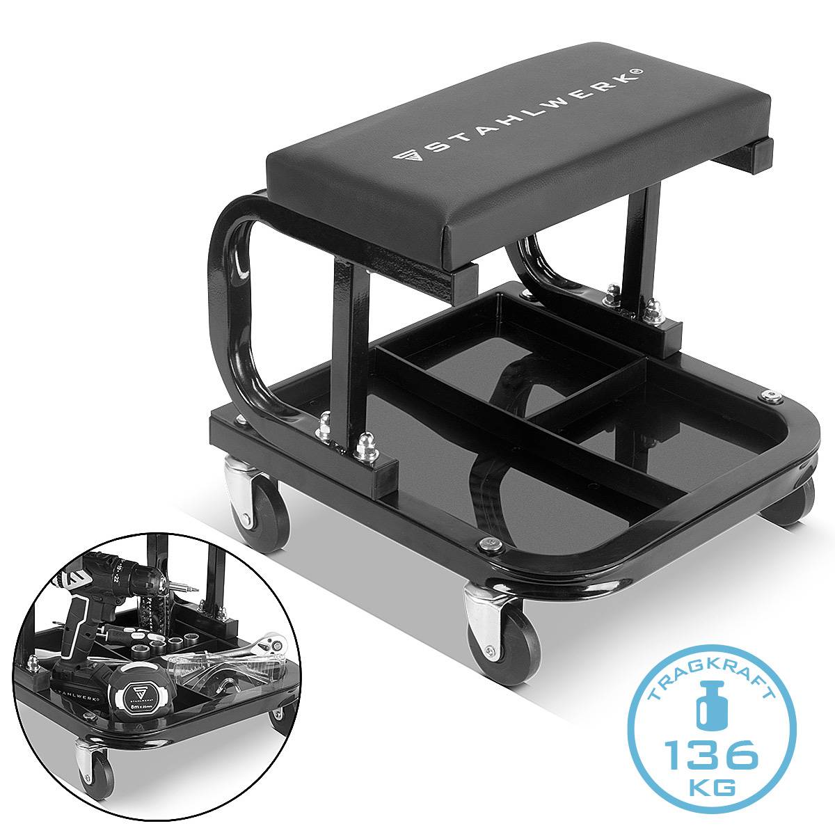 STAHLWERK Werkstatthocker WRS-35 ST Schwarz mit 136 kg Tragkraft Werkstattsitz