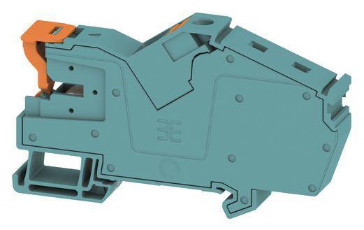 Ein petrolfarben-blauer mechanischer Teil mit orangefarbenen Akzenten, mit verschiedenen Schlitzen und Löchern, möglicherweise für elektrische oder mechanische Verbindungen verwendet.