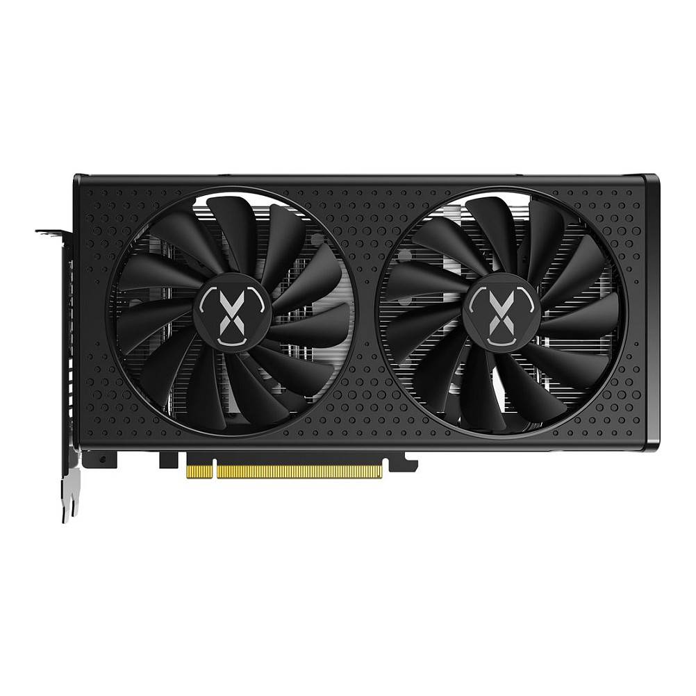 Eine schwarze Grafikkarte mit zwei Lüftern und einem goldfarbenen PCIe-Anschluss, entwickelt für Computer-Hardware-Upgrades zur Verbesserung der Grafikleistung.