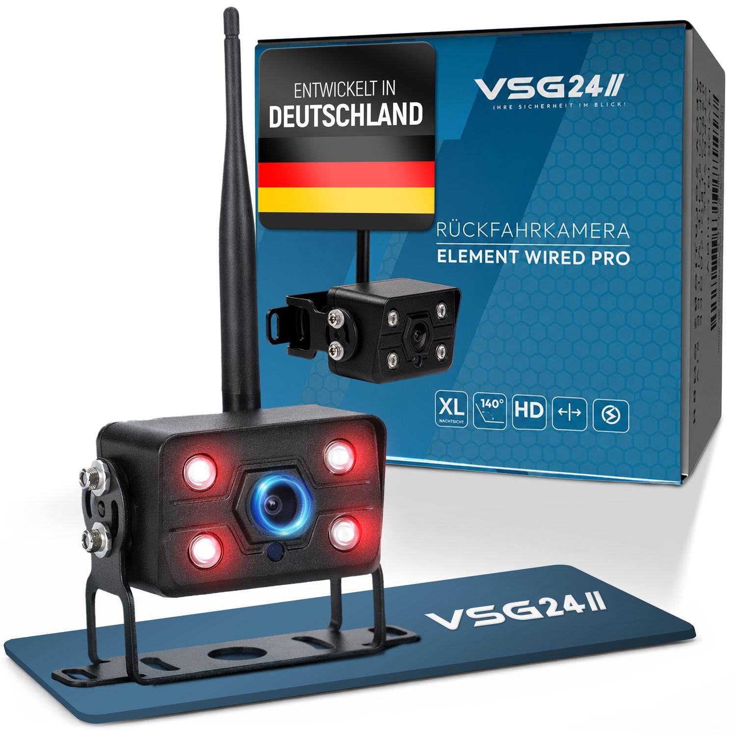 Produktfoto eines VSG24II 'Rückfahrkamera Element Wired Pro' kabelloses Rückfahrkamera-Set mit Antenne, Kameraeinheit, Montagebasis und markierter Schachtel.
