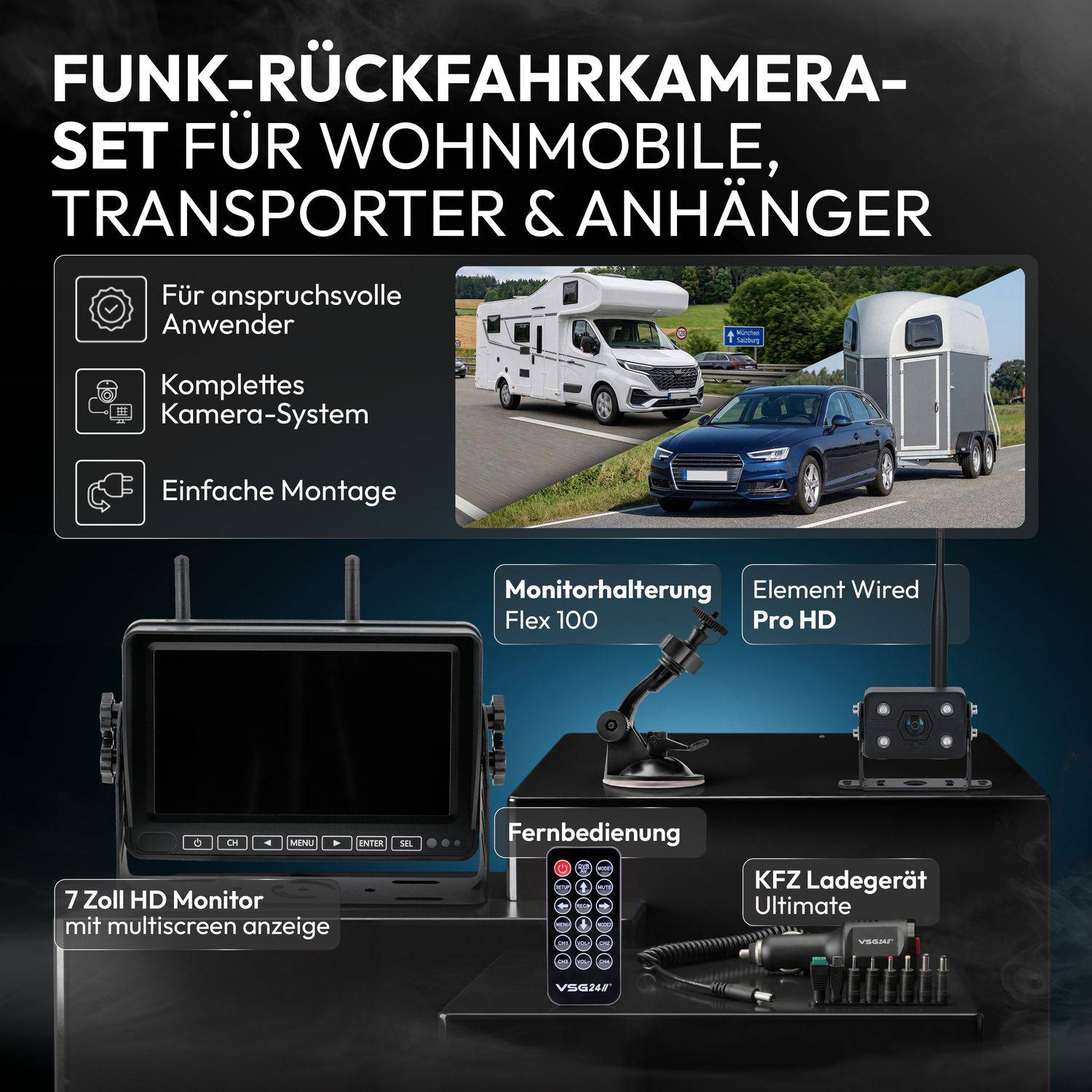Werbung für ein kabelloses Rückfahrkamera-Set für Wohnmobile, Transporter und Anhänger mit einem 7-Zoll-HD-Monitor, Kamera, Fernbedienung, Ladegerät und Montagezubehör.