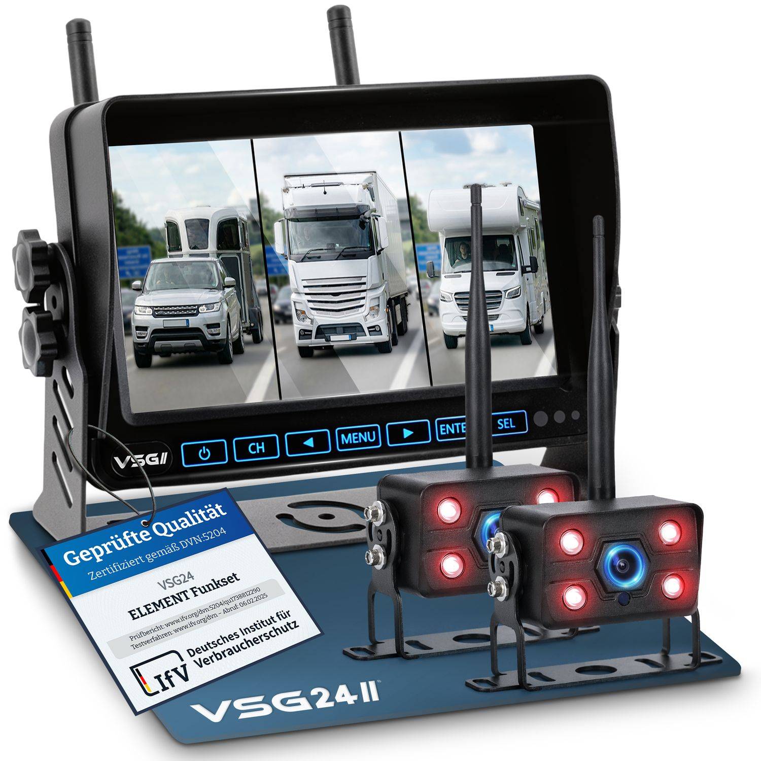 Rückfahrkamera-Monitorsystem mit drei Lastwagensichten, kabellosen Kameras und einer deutschen Qualitätszertifizierungskarte auf einer Displaybasis.