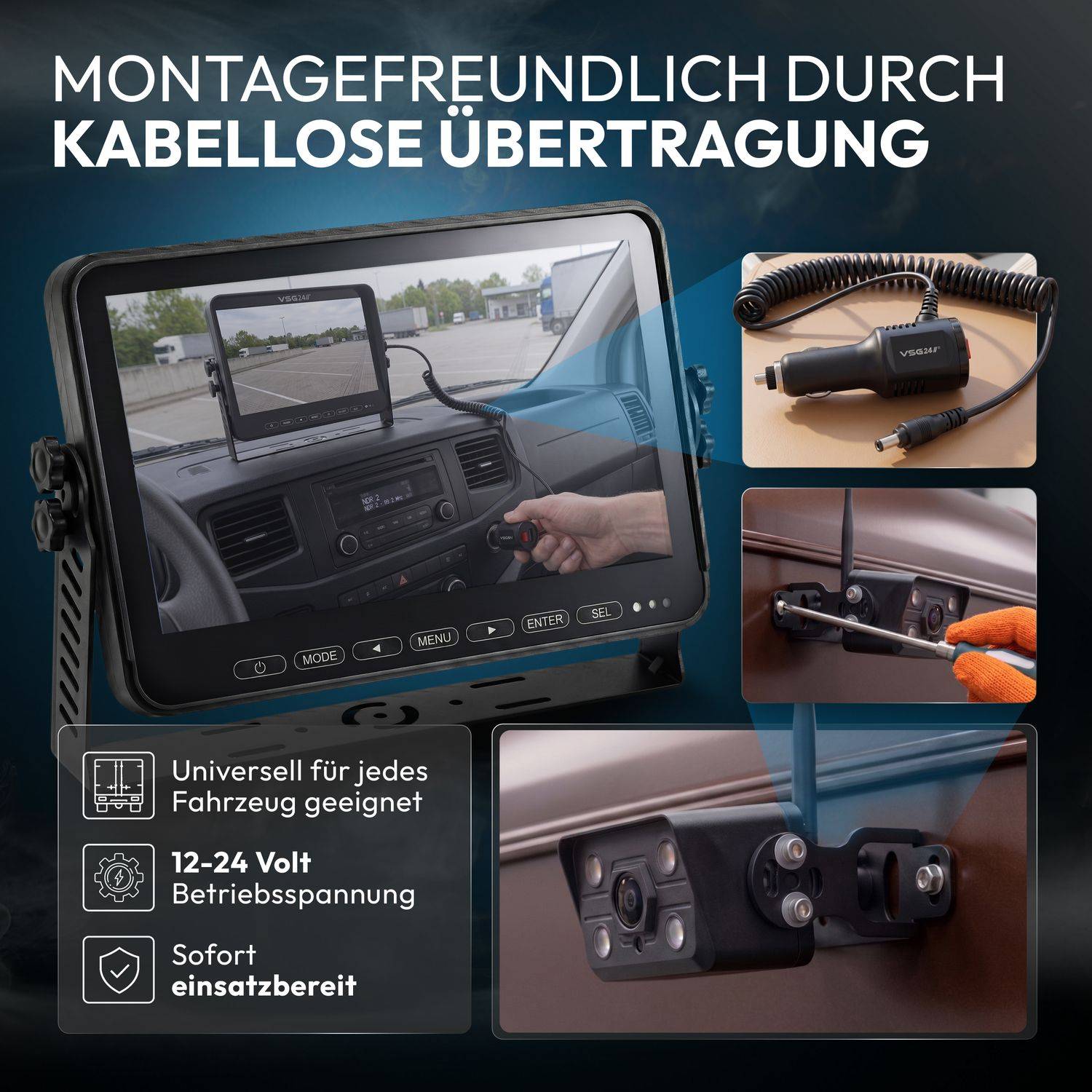 VSG24 10" FUNK-Set ELEMENT WIRED PRO HD XL | mit 4 Kameras | Wohnmobil & LKW bis 25 Meter RVS-24777
