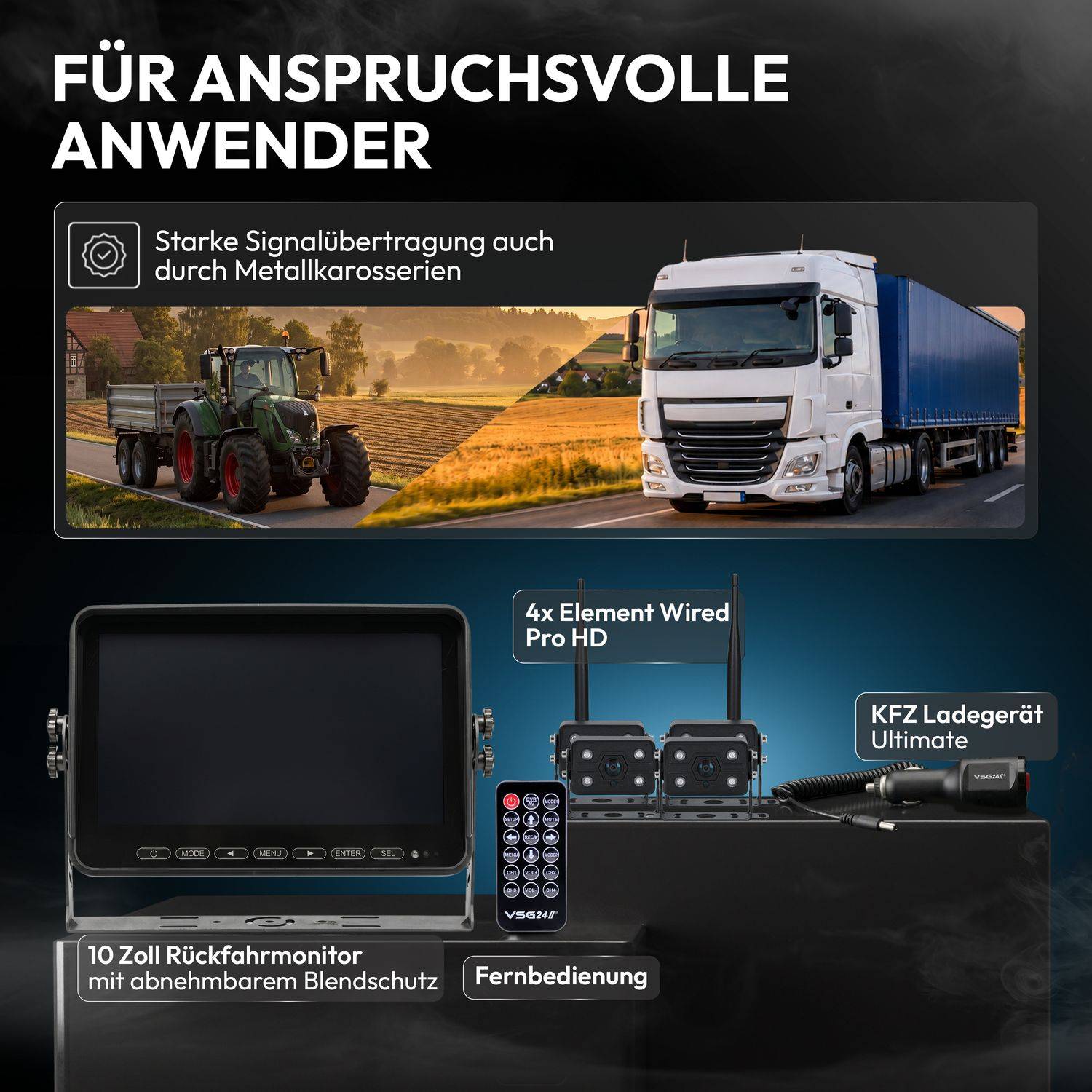 VSG24 10" FUNK-Set ELEMENT WIRED PRO HD XL | mit 4 Kameras | Wohnmobil & LKW bis 25 Meter RVS-24777