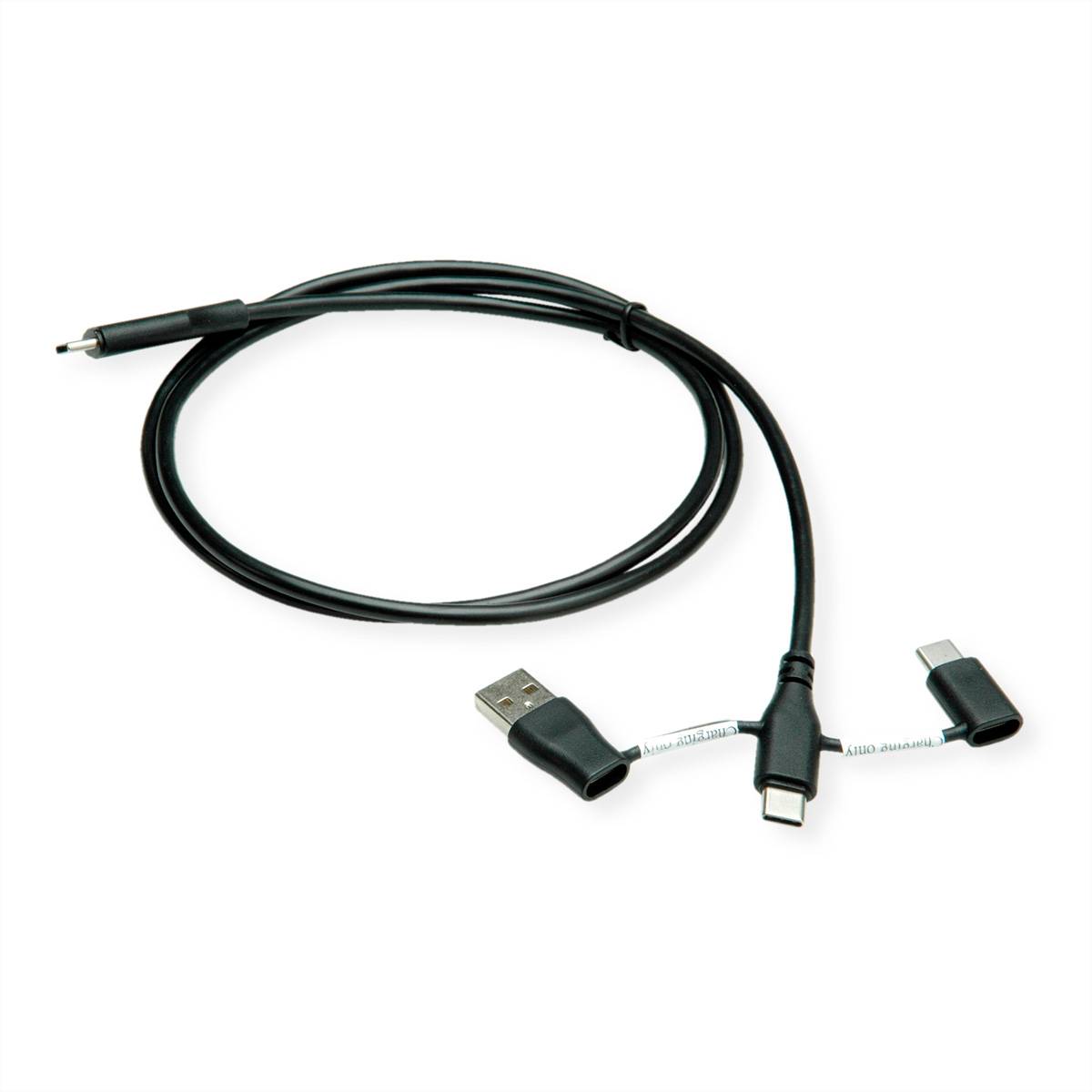 Schwarzes USB-Ladekabel mit drei Anschlüssen: USB-C, USB-A und Micro-USB.