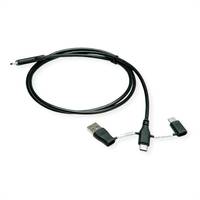Schwarzes USB-Ladekabel mit mehreren Anschlüssen, einschließlich USB-C und zwei weiteren Geräteenden, auf weißem Hintergrund dargestellt.
