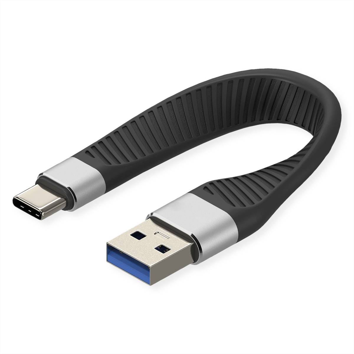 Kurzes USB-C-zu-USB-A-Adapterkabel mit schwarzem flexiblem Körper und silbernen Steckverbindungsgehäusen auf weißem Hintergrund