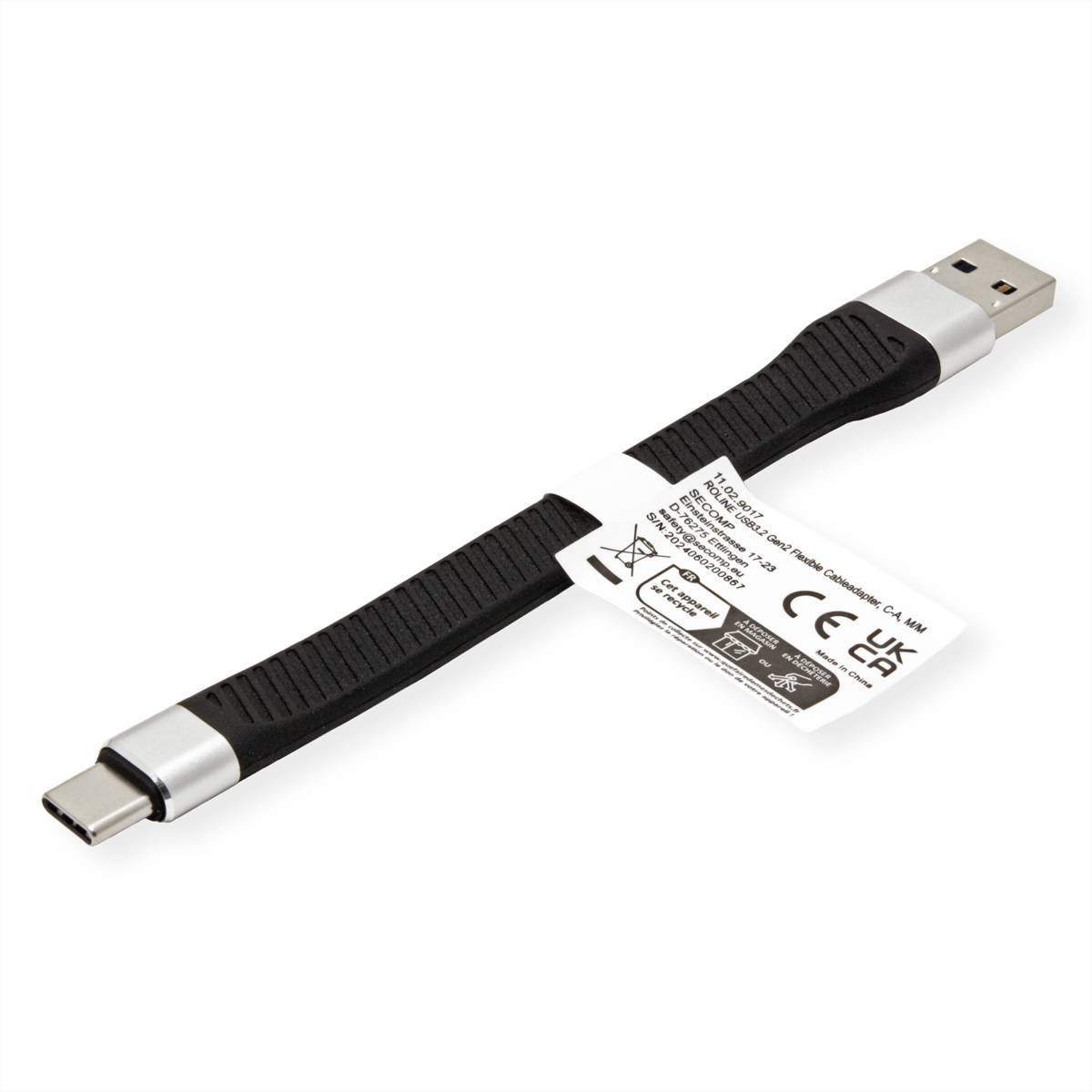 ROLINE USB 3.2 Gen 2 Silikonkabel, C-A, ST/ST, 10Gbit/s, Emark, schwarz, 11 cm