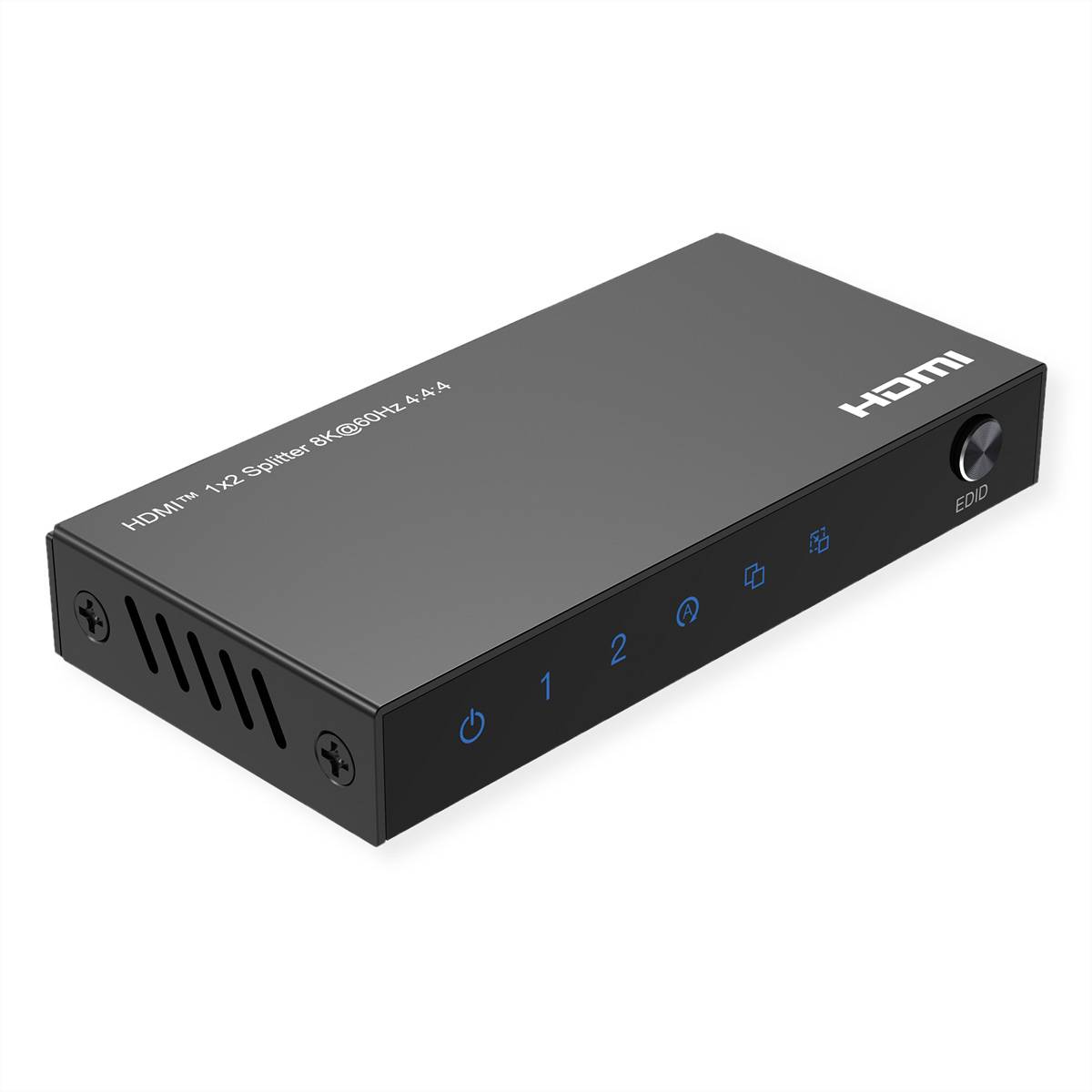 Schwarze HDMI 1x2-Splitterbox mit Strom- und Ausgangsanzeigen sowie mit den Beschriftungen 