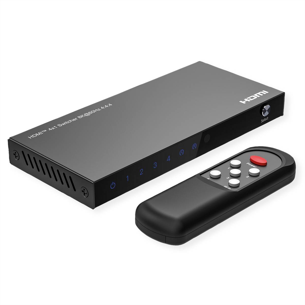 HDMI-4x1-Schalterbox mit 4 Eingabetasten und einer Fernbedienung, gezeigt auf weißem Hintergrund.