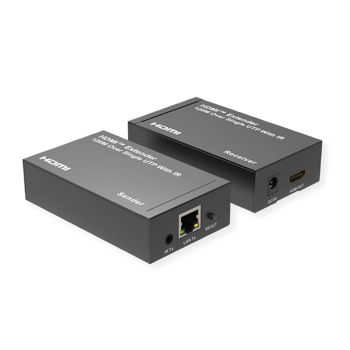 Zwei schwarze HDMI-Verlängerungsboxen mit den Bezeichnungen Sender und Empfänger, mit IR-, LAN-, Stromversorgungs- und HDMI-Anschlüssen, auf weißem Hintergrund dargestellt.