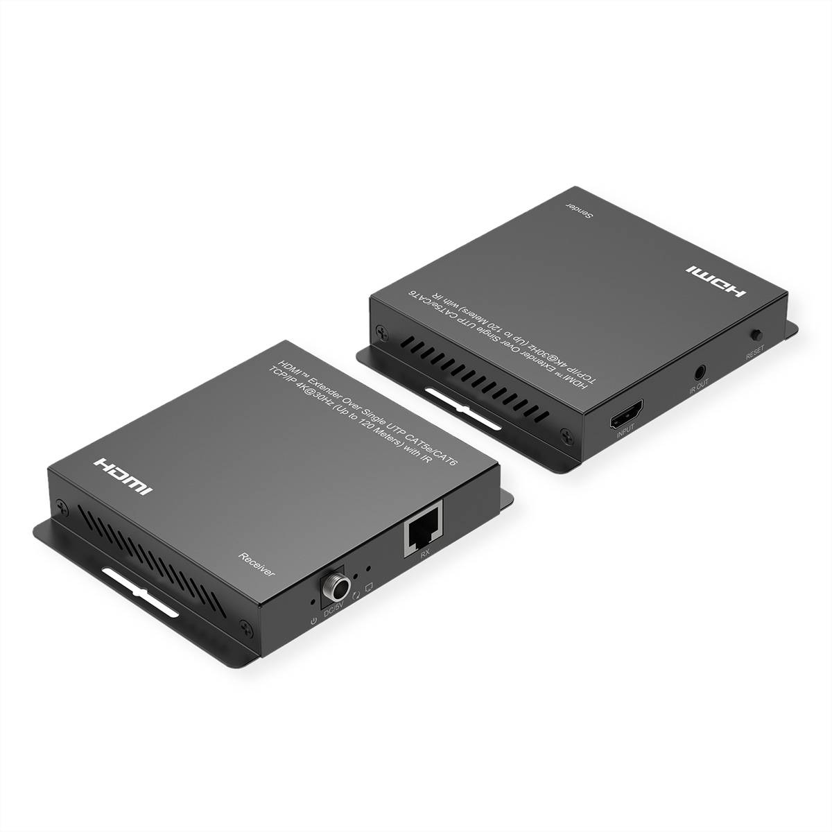 Zwei kompakte HDMI-Konverterboxen auf weißem Hintergrund, jeweils mit einem HDMI-Anschluss und einer Netzwerkbuchse, wahrscheinlich zur Videoübertragung.