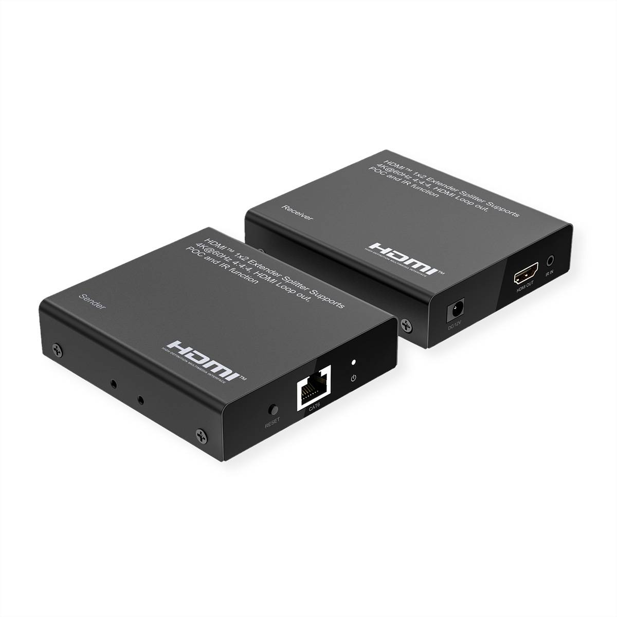 Zwei schwarze HDMI-Verlängerungsboxen, die auf weißem Hintergrund dargestellt sind, wobei HDMI- und Stromanschlüsse sichtbar sind.