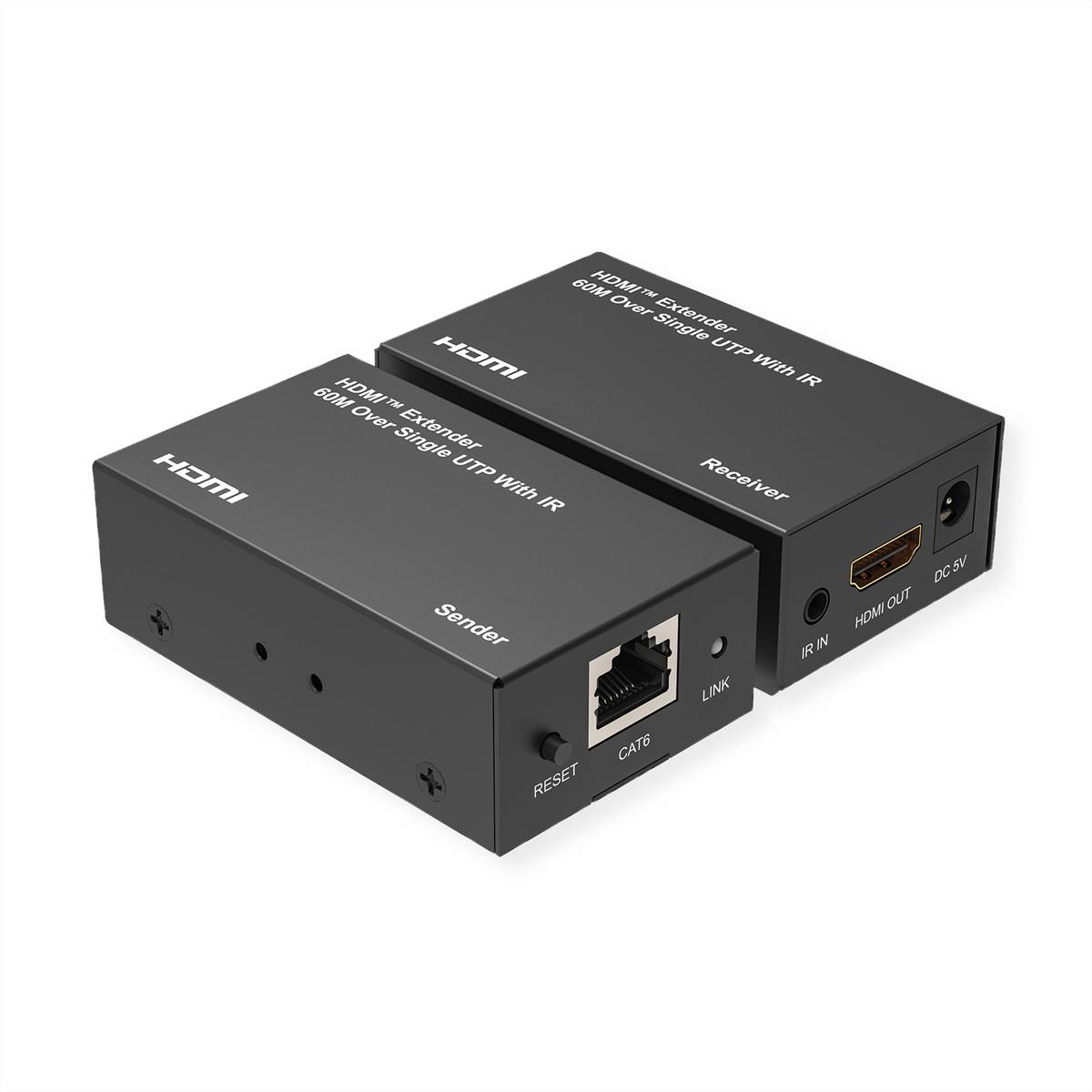 Zwei HDMI-Verlängerungsboxen mit der Bezeichnung Sender und Empfänger, mit CAT6-, HDMI-Ausgang-, IR-, Verbindungs-, Reset- und DC 5V-Anschlüssen.