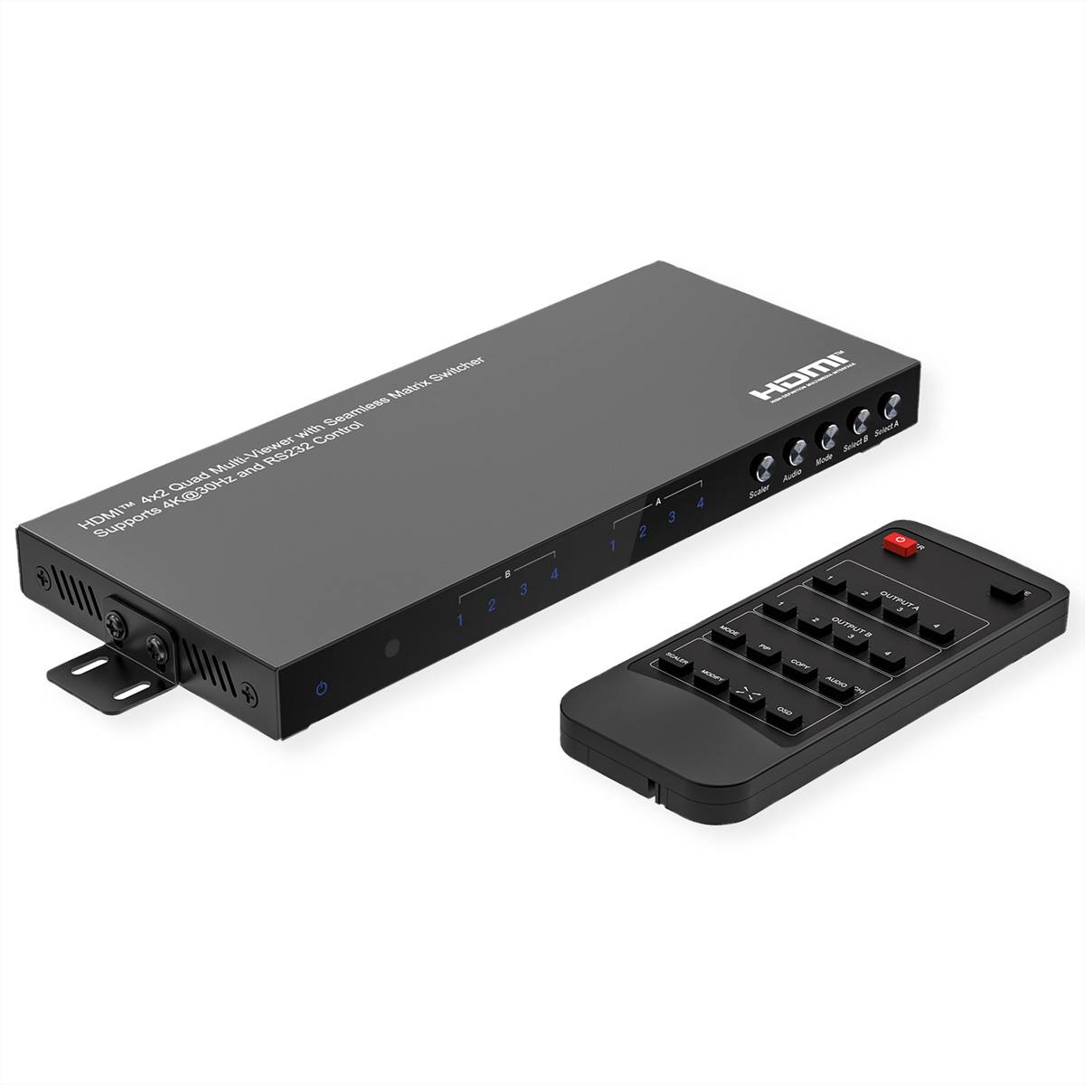 HDMI-Matrix-Schalter mit Fernbedienung auf weißem Hintergrund dargestellt.