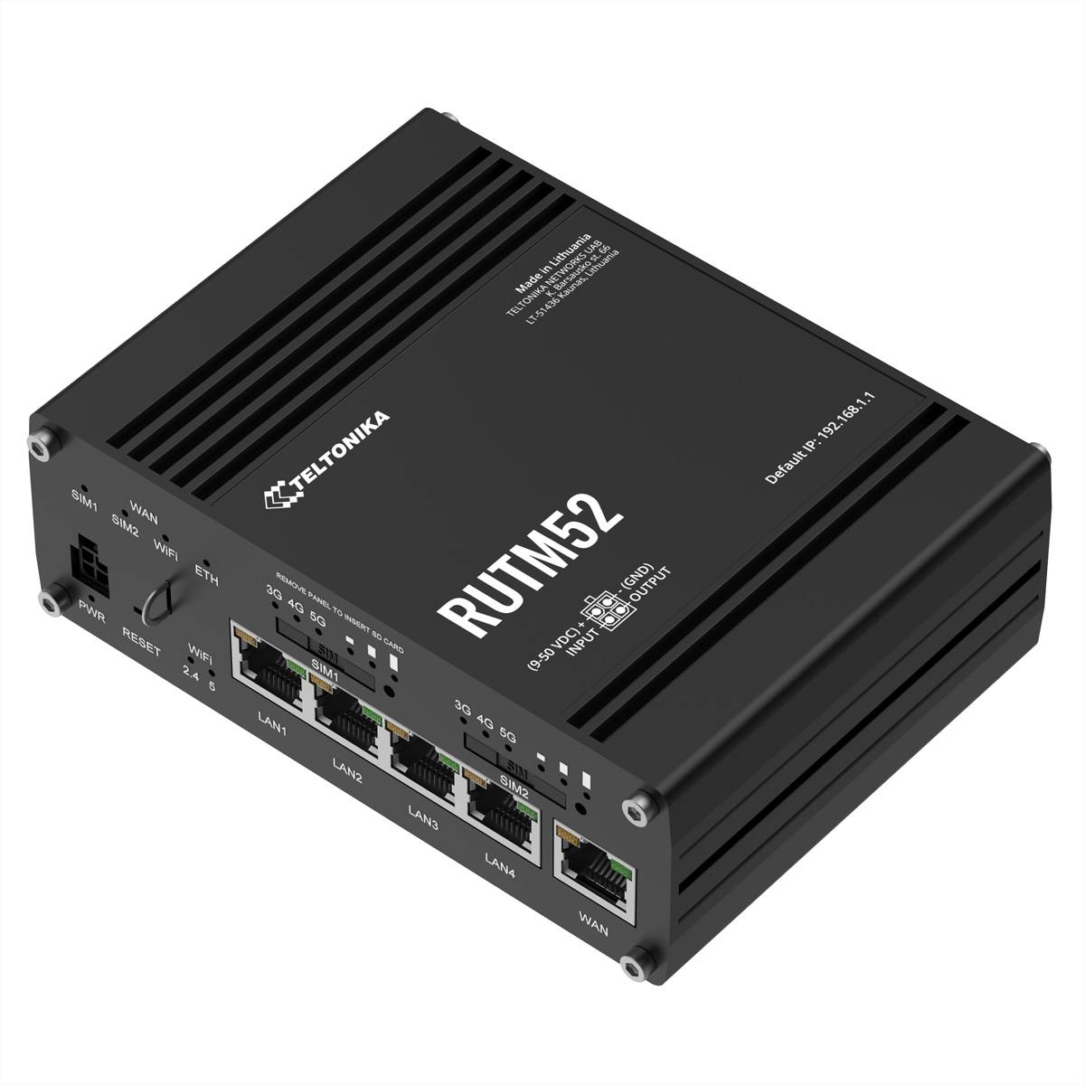 Schwarzer Teltonika RUTM52 Industrie-Router mit mehreren Ethernet-Anschlüssen und Status-LEDs, dargestellt in einer angewinkelten Produktansicht.