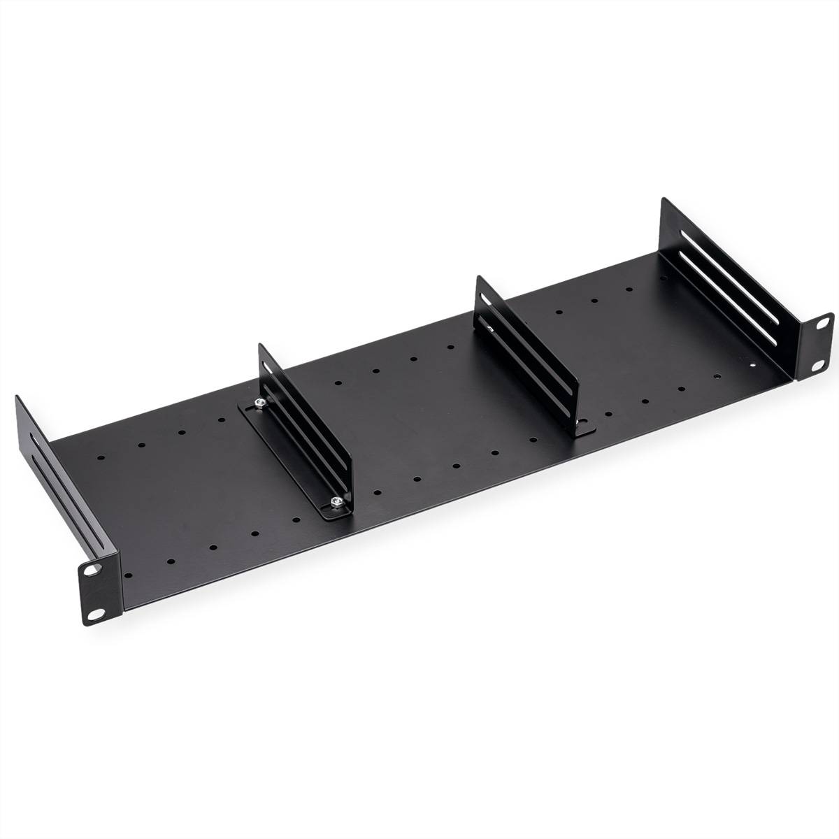 Schwarzes Metall-Rackmontagefach mit Seitenbügeln und Montagelöchern zur Unterstützung von Geräten in einem Serverrack.